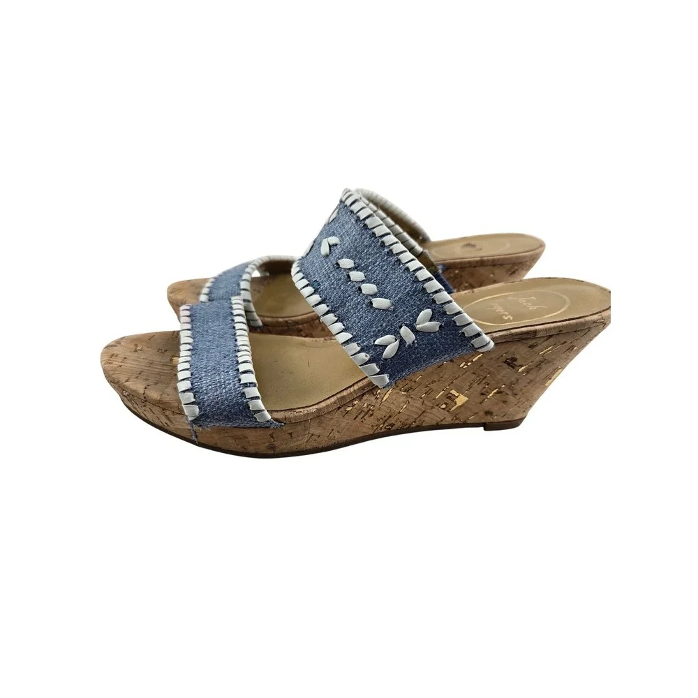 Jack Rogers Blue‎ Denim Whipstitch Cork Wedge Sandals Womens 7 M Floral Slides